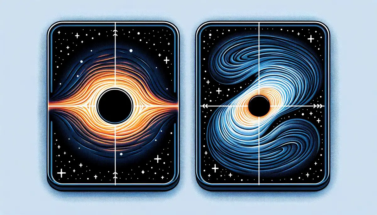 A conceptual illustration comparing a black hole with a singularity to a Planck star, showing the difference in internal structure