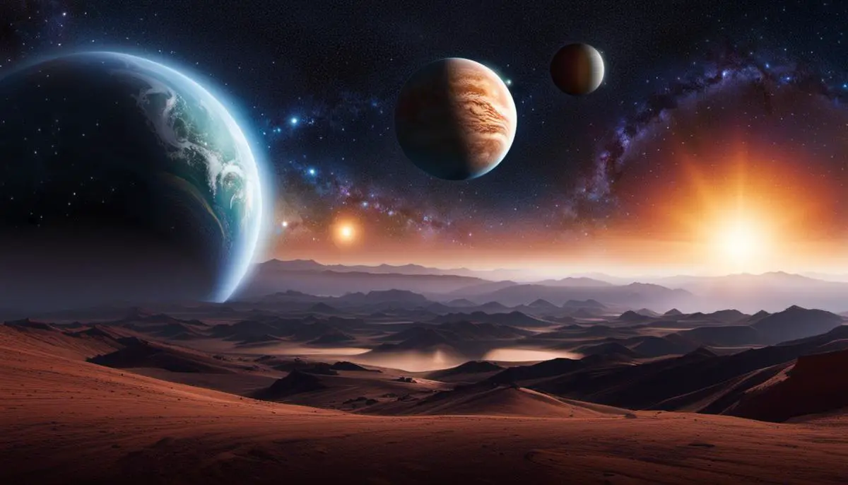 Image depicting the comparison between planets and stars, showing twinkling stars in the background and multiple planets shining steadily in the foreground