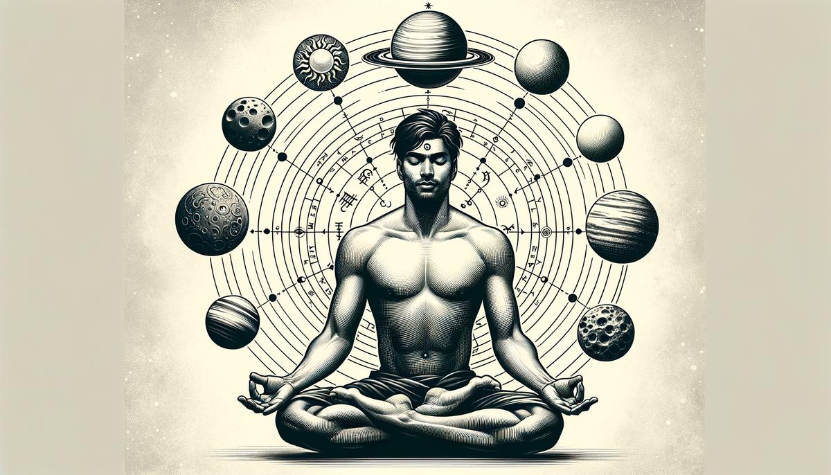 A person meditating surrounded by symbols of Pluto, Saturn, and Neptune in harmonious alignment