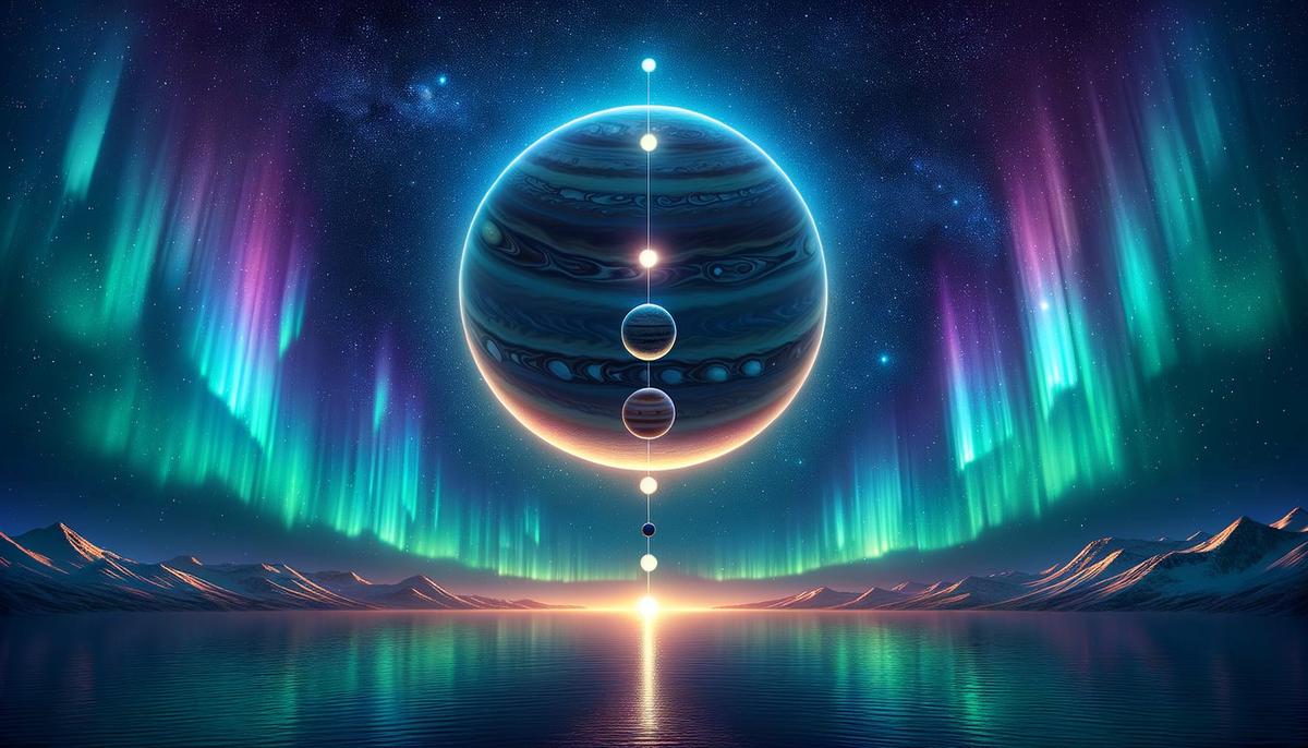 Planets Mercury, Venus, and Jupiter aligned in the night sky with a colorful aurora