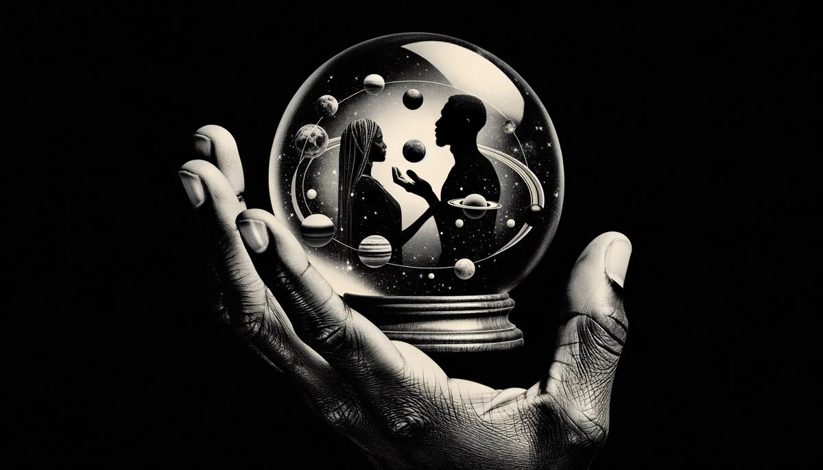 A hand holding a crystal ball showing planetary orbits influencing human silhouettes