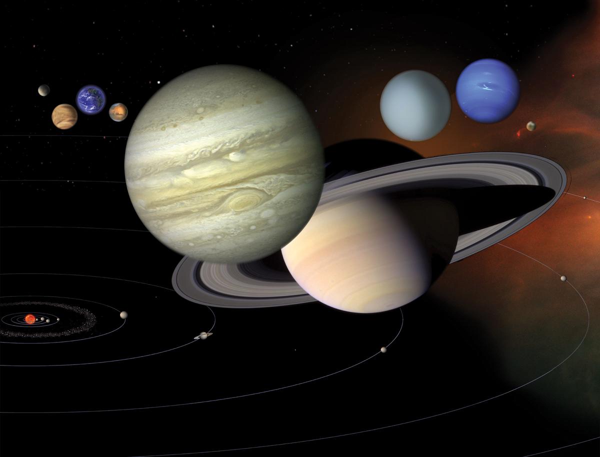 Diagram showing planets aligned along the ecliptic plane in the solar system