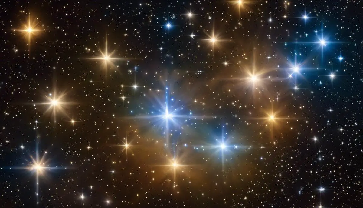 Image of the Pleiades star cluster, consisting of several bright stars forming a pattern resembling a miniature version of the Greek letter 'pi'