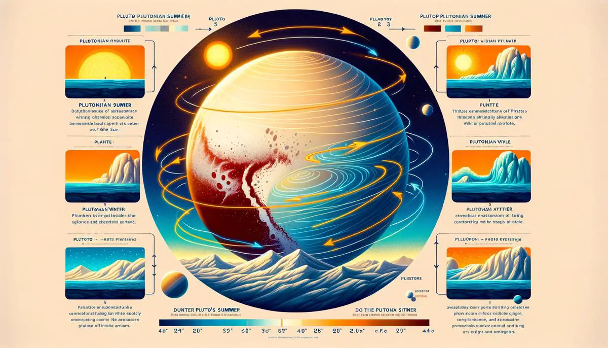 An illustration of how Pluto's atmosphere thickens as it nears the Sun and freezes out as it moves farther away