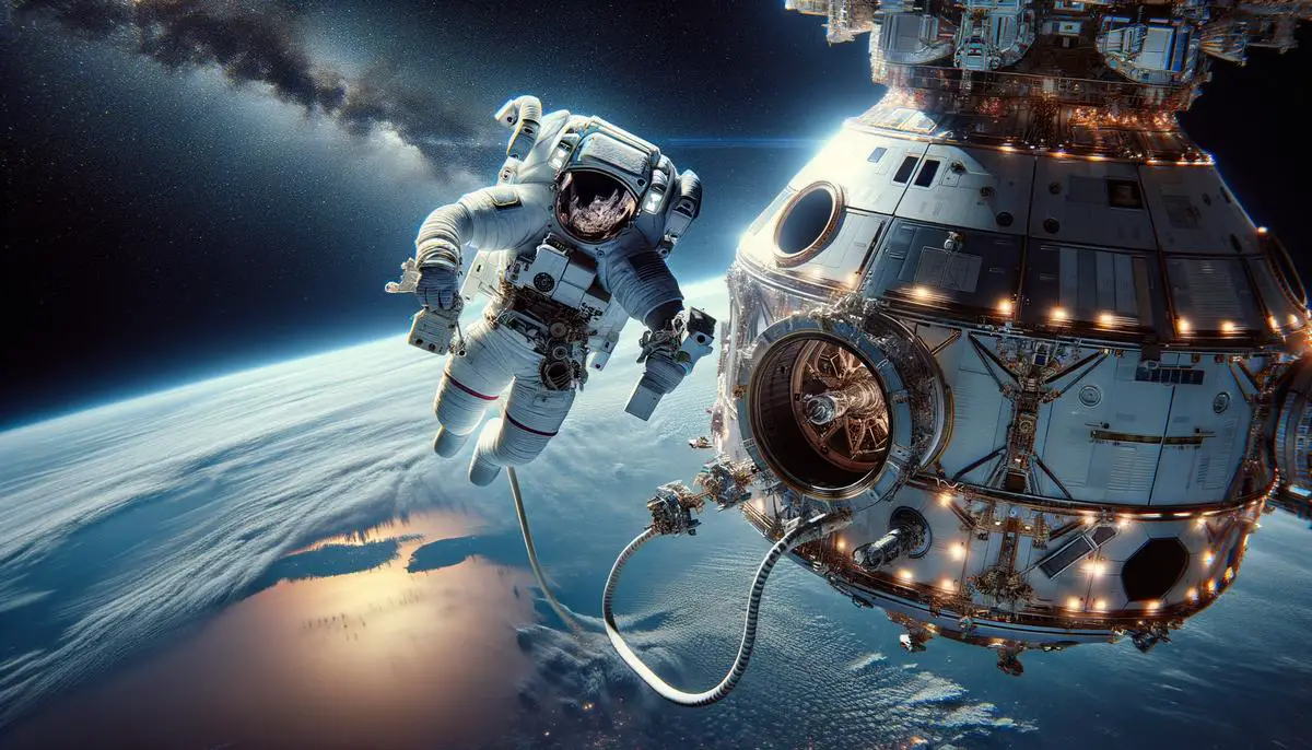 Artist's concept of a SpaceX astronaut performing a spacewalk from the Crew Dragon capsule