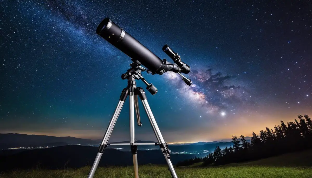 A portable telescope on a tripod under a starry night sky against a background of mountains and trees