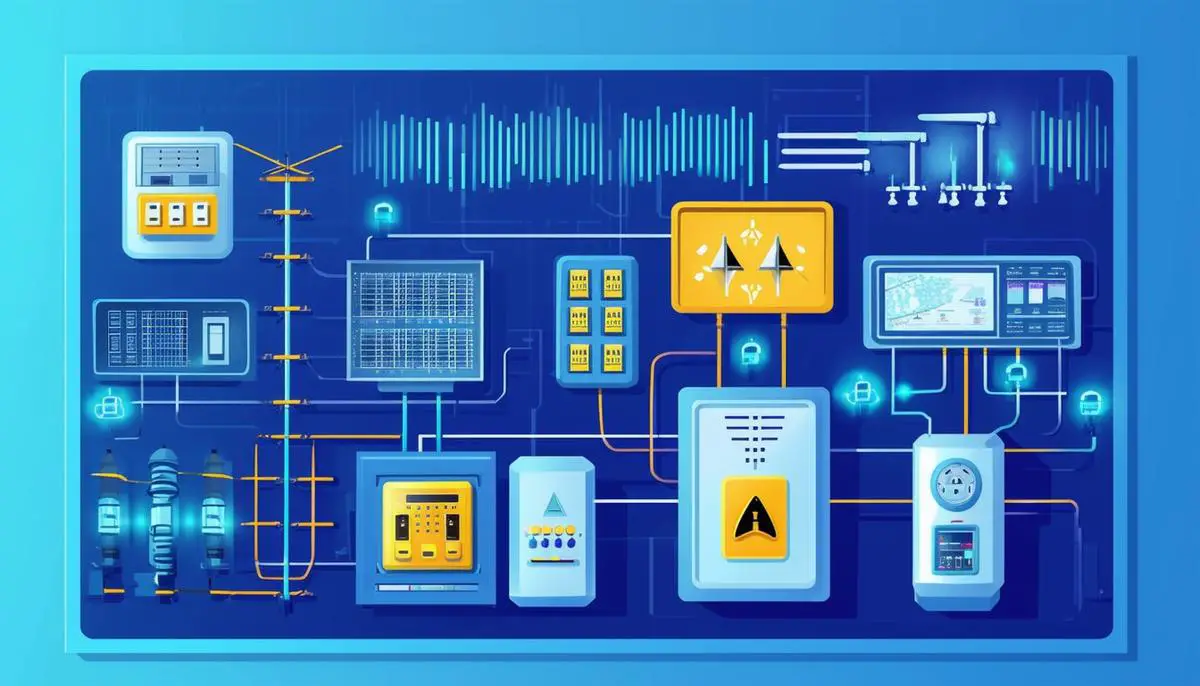 Illustration of a power grid protection system with monitoring equipment and safeguards