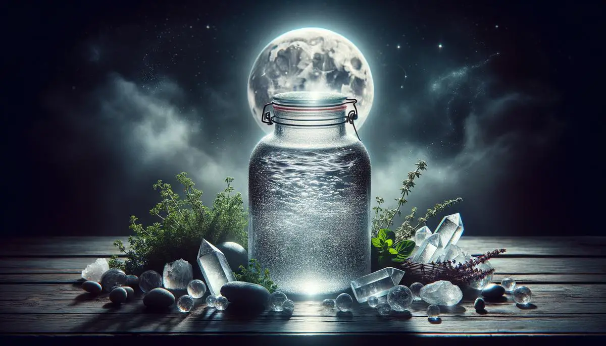 A clear glass jar filled with water sitting under the moonlight, with herbs and crystals surrounding it