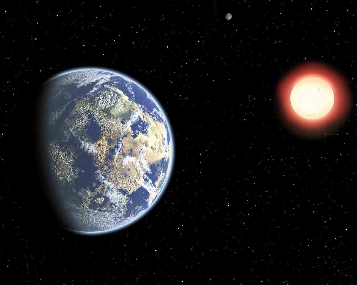 An artistic representation of Proxima b orbiting within the habitable zone of Proxima Centauri, with potential liquid water on its surface