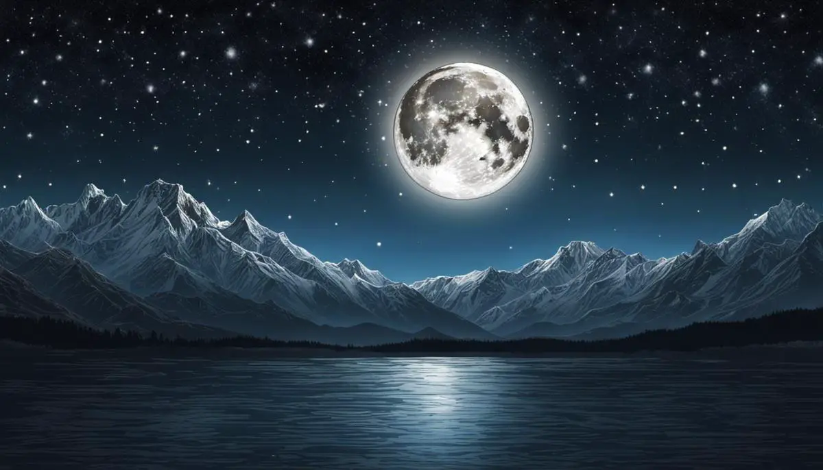 Illustration of a full moon shining brightly in the night sky, surrounded by stars.