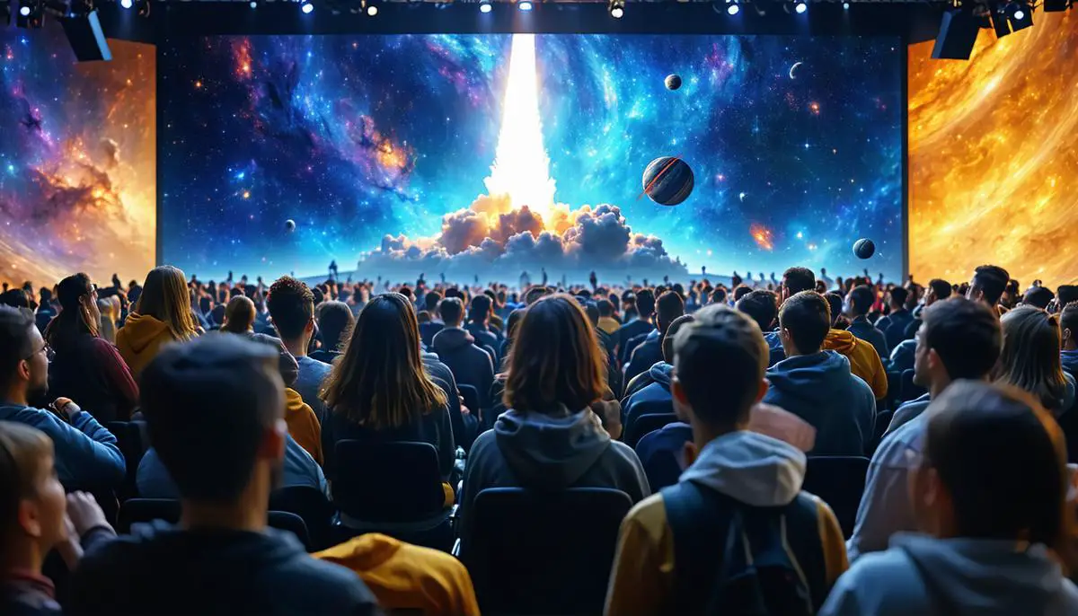 Diverse group of people watching the James Webb Space Telescope launch on a large screen, showing a range of emotions