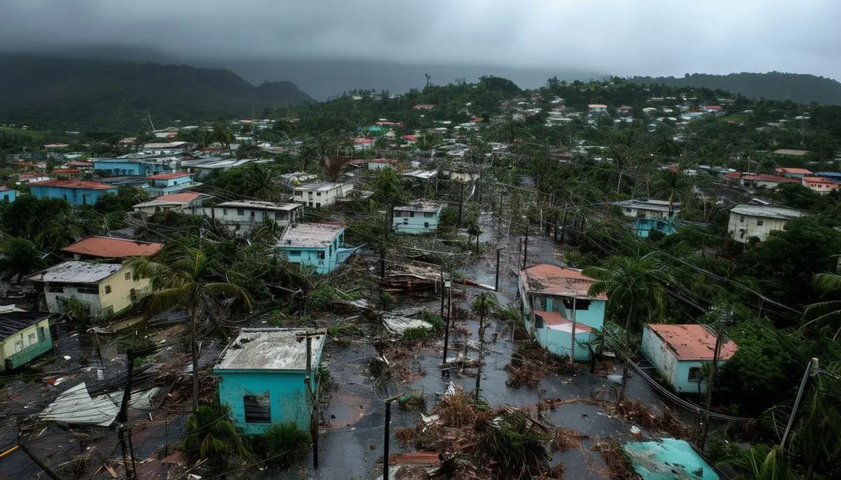 Aerial view of a Puerto Rican town during a widespread power outage caused by Hurricane Ernesto