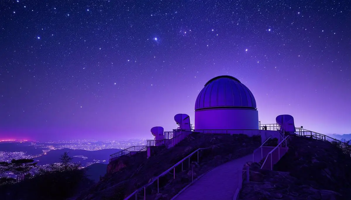 The Purple Mountain Observatory in China at night, with telescopes pointing towards a starry sky