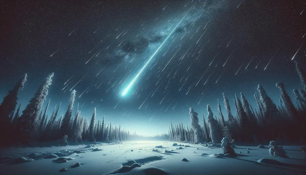 A bright Quadrantid meteor streaking across the winter night sky over a snowy landscape