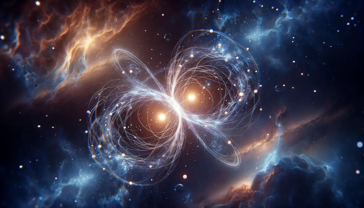 Artistic representation of quantum entanglement, showing two connected particles across a cosmic background