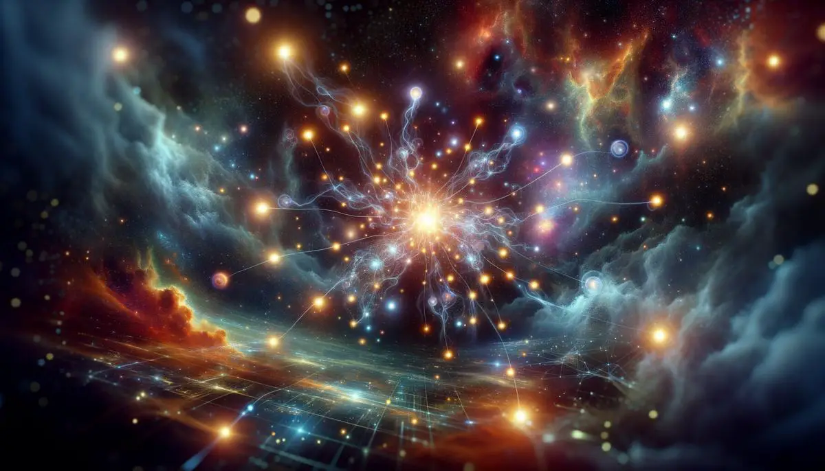 An artistic representation of quantum entanglement, showing interconnected particles across a cosmic backdrop