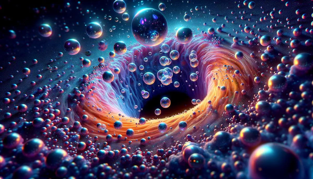 A visualization of quantum foam near a black hole's event horizon, representing the conflict between quantum mechanics and general relativity