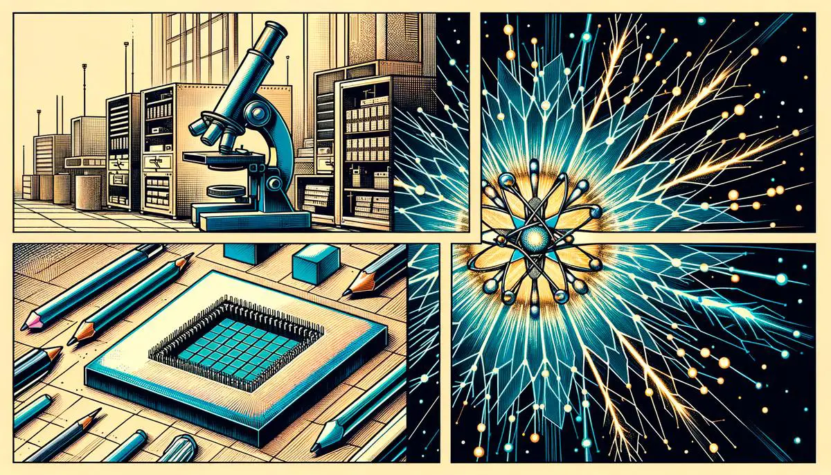 A collage showing applications of quantum tunneling including an electron microscope, computer chip, star, and radioactive decay symbol