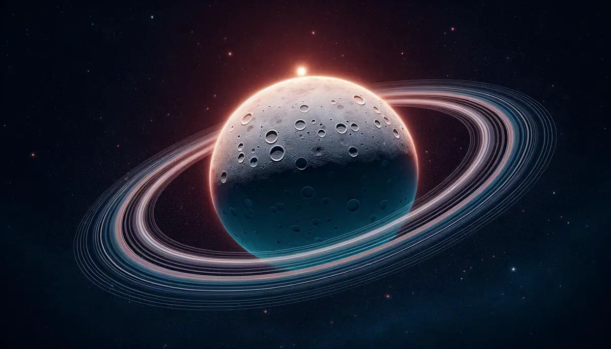 An artist's impression of the dwarf planet Quaoar and its surprisingly distant ring system, set against the backdrop of the Kuiper Belt.
