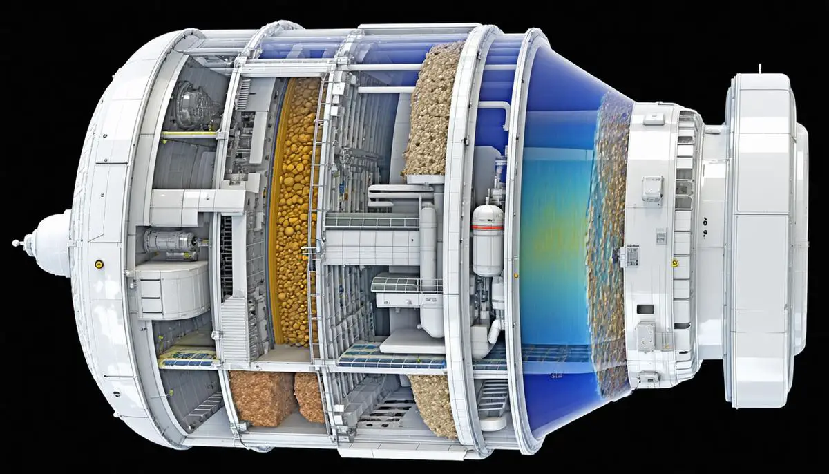 A cutaway view of a space habitat's protective layers including regolith and water shields