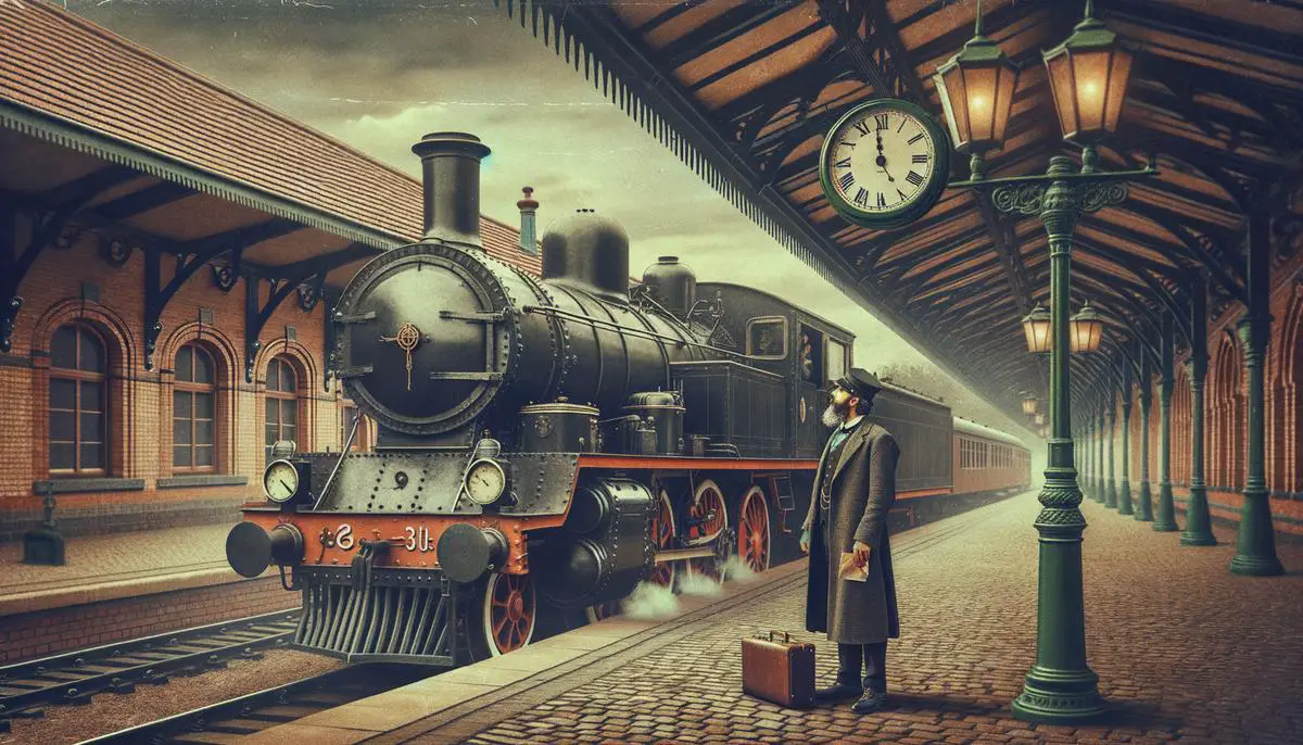 19th century train with a conductor checking his pocket watch