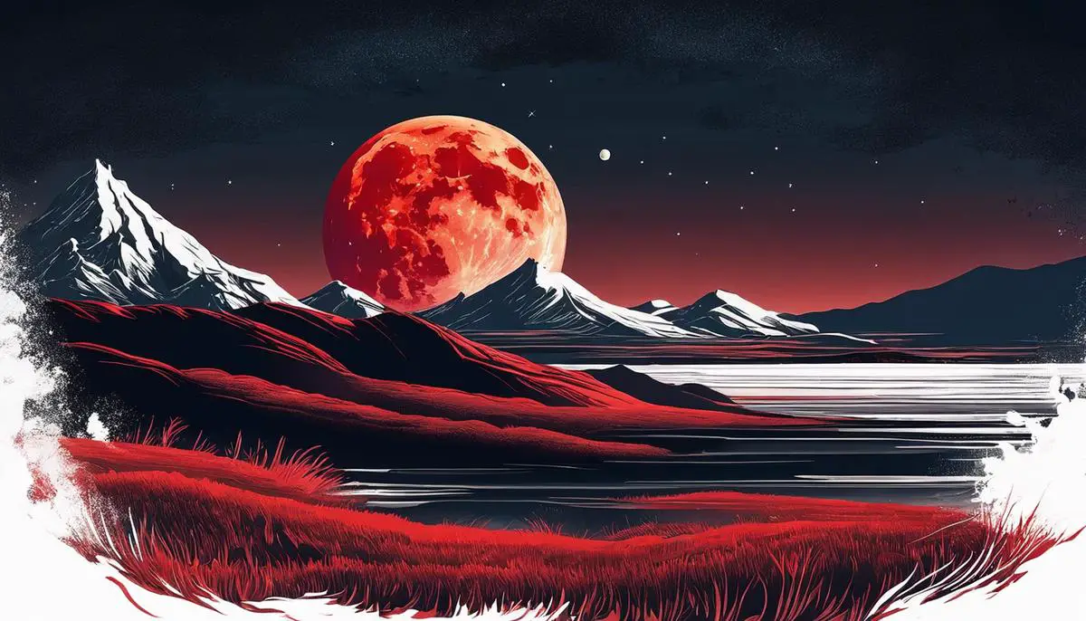 Illustration of the Red Moon illuminating the night sky, casting a crimson glow on the surrounding landscape