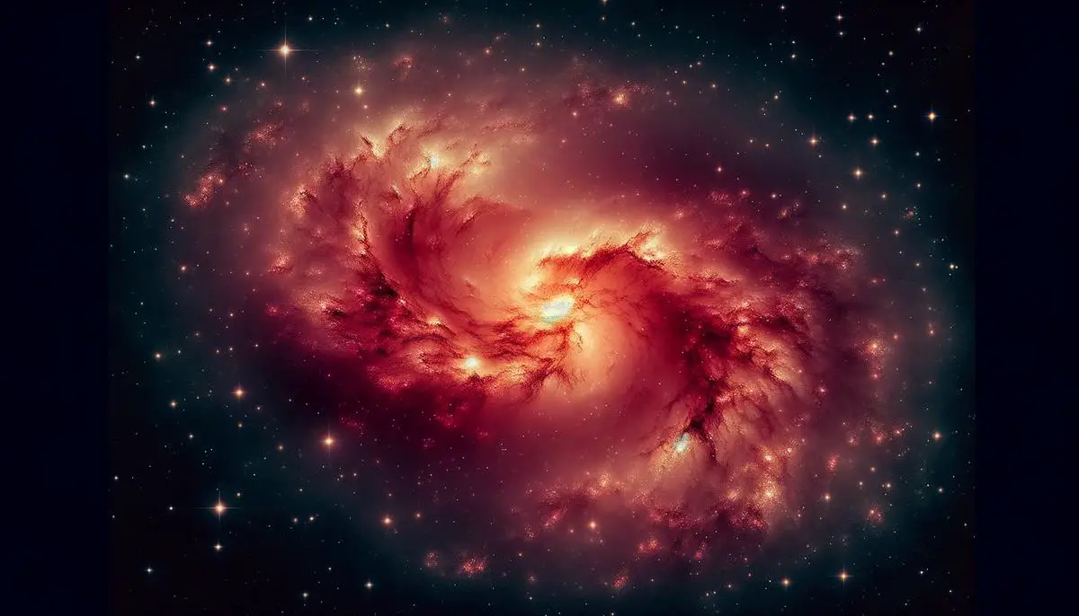 An infrared image of a redshifted primordial galaxy as observed by the James Webb Space Telescope, appearing as a reddish, diffuse structure against a dark cosmic background