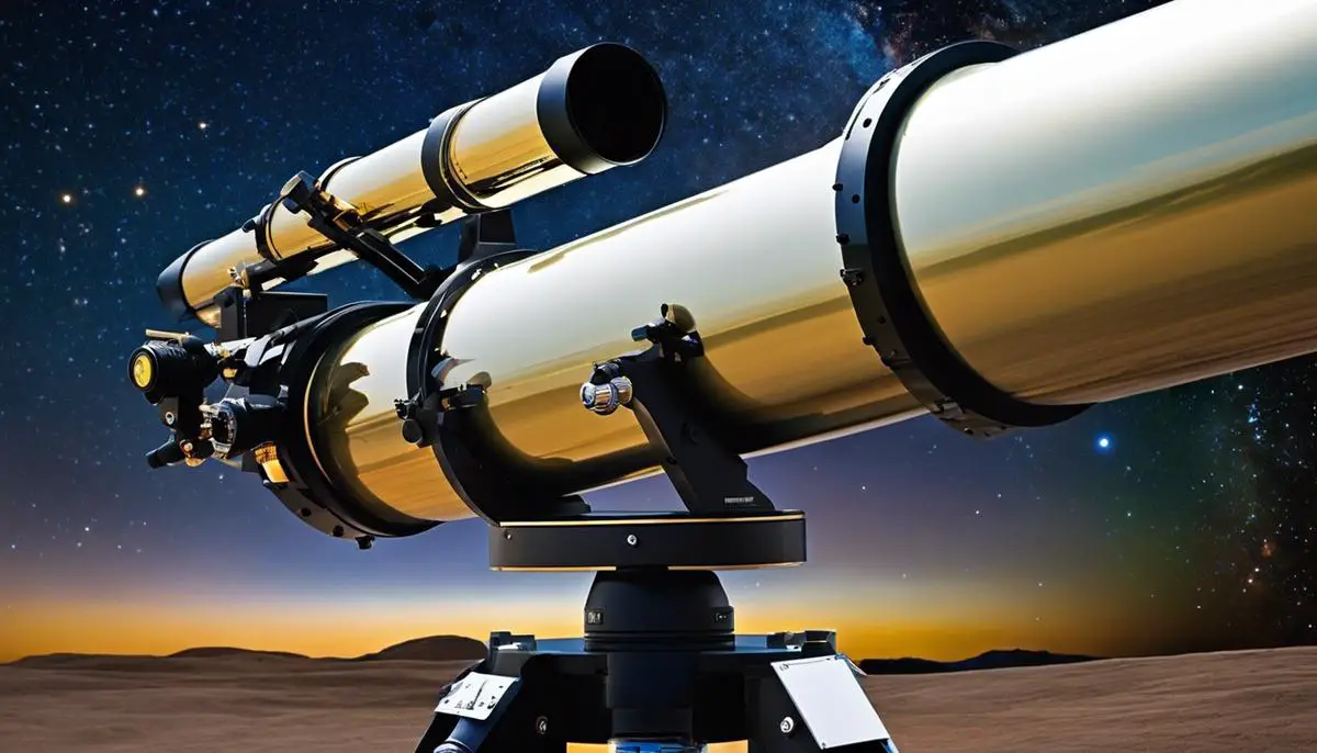 A close-up image of a refractor telescope, showcasing its meticulously engineered lenses and precise design for capturing stunning images of celestial objects.