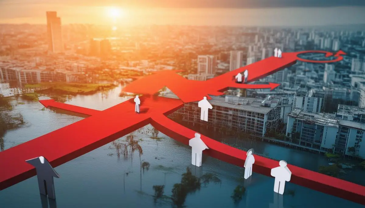 Visual representation of reinsurance strategy with arrows showing risk transfer from local insurers to global reinsurance companies