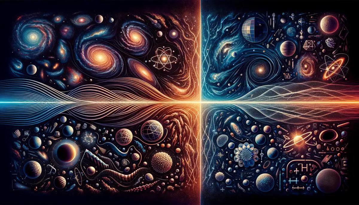 A split image showing the cosmic scale of relativity and the subatomic scale of quantum mechanics