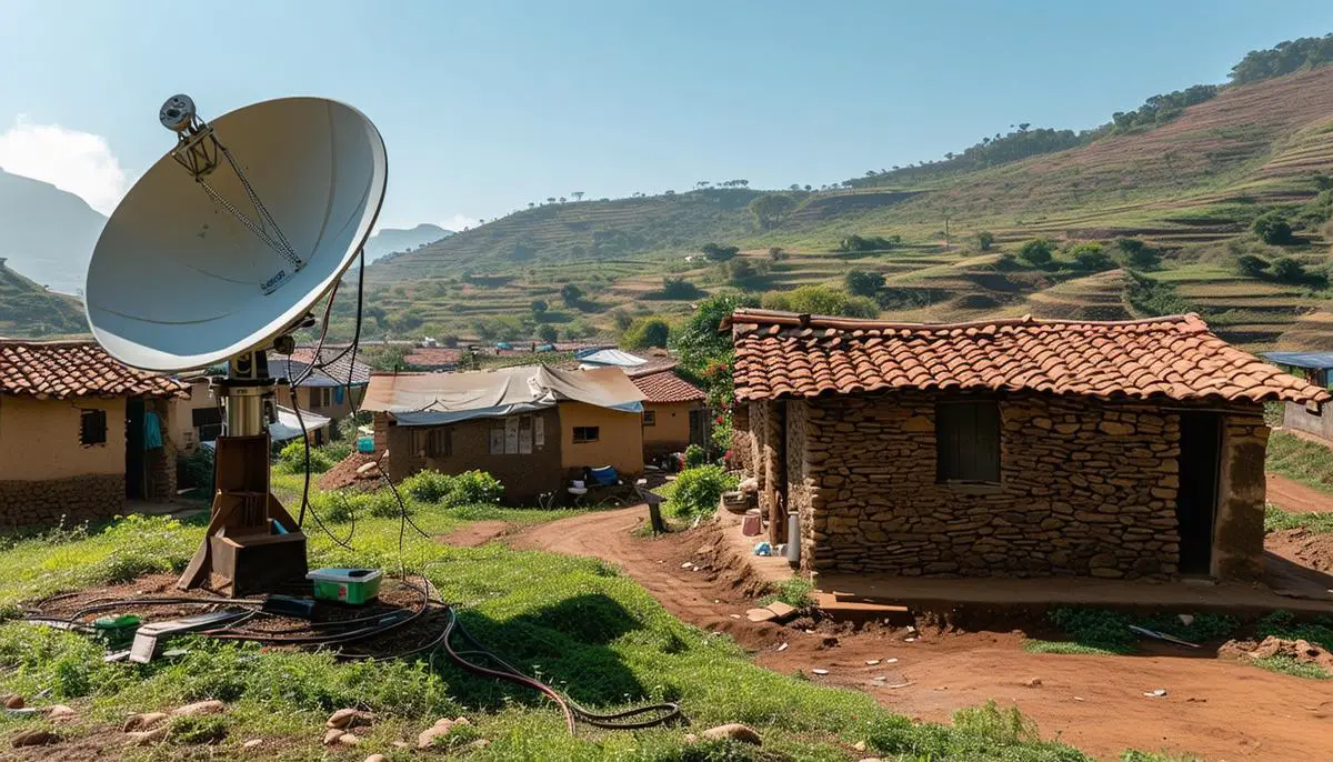 A remote village with traditional houses and a Starlink satellite dish prominently displayed