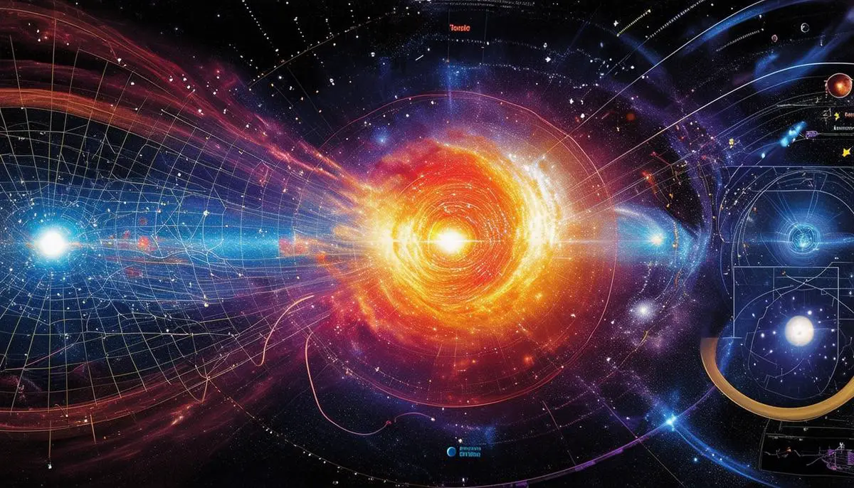 A visually striking and conceptual depiction of the Hubble tension, representing the discrepancy between the observed and predicted expansion rates of the universe, with various elements symbolizing the efforts to resolve this enigma through new theoretical models and advanced observational technology.