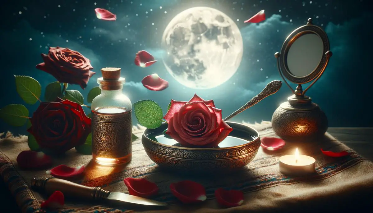 Rose oil, a red rose, a mirror, and a bowl of water with rose petals arranged for a full moon ritual, bathed in moonlight