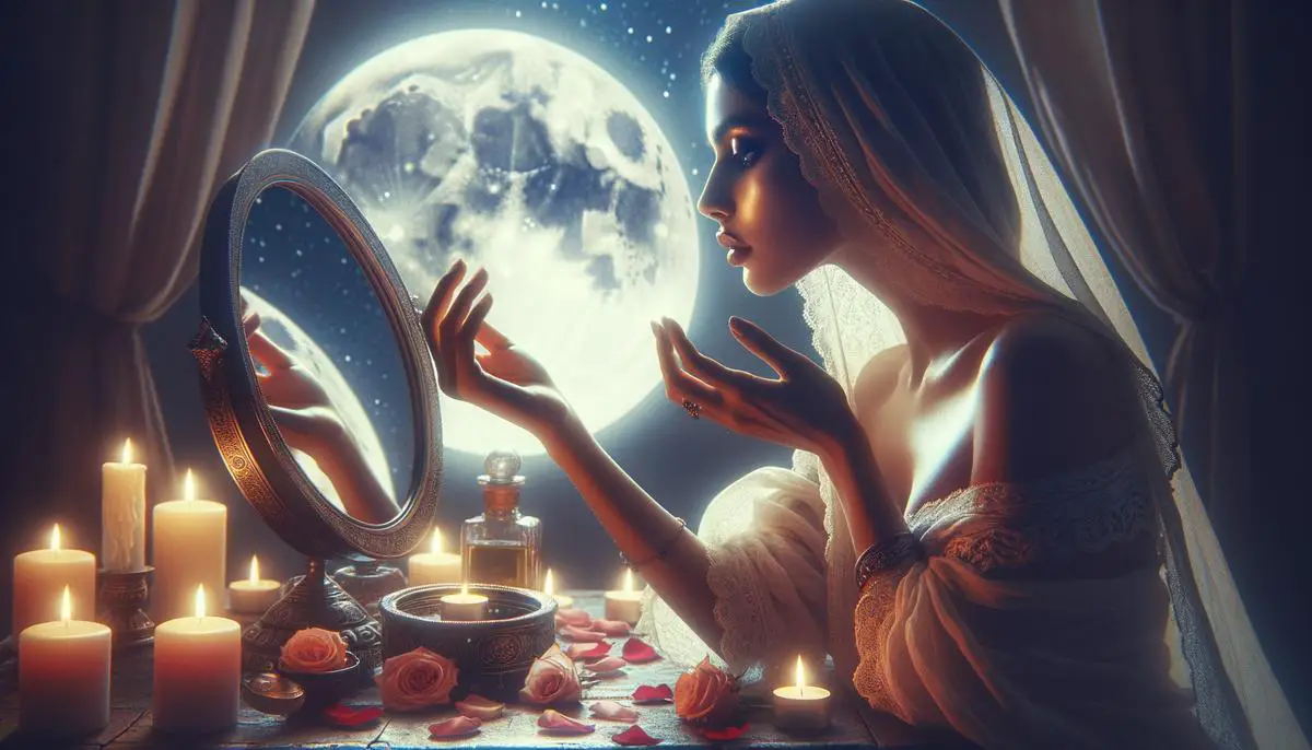 A person engaging in a full moon love ritual, anointing themselves with rose oil while gazing into a mirror