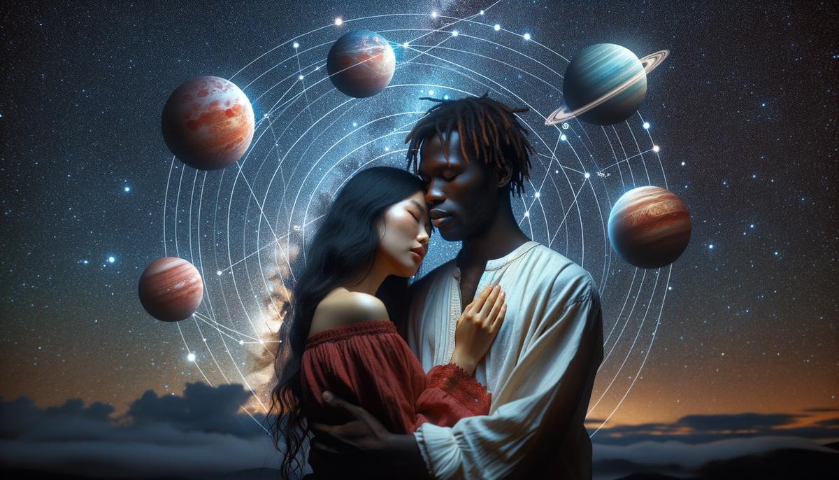A couple embracing under a starry night sky with visible planetary alignments