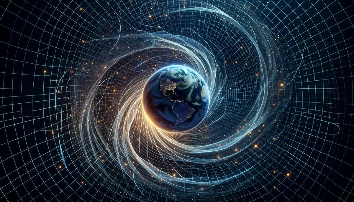 Visualization of Earth rotating and creating a swirling vortex in the surrounding space-time fabric