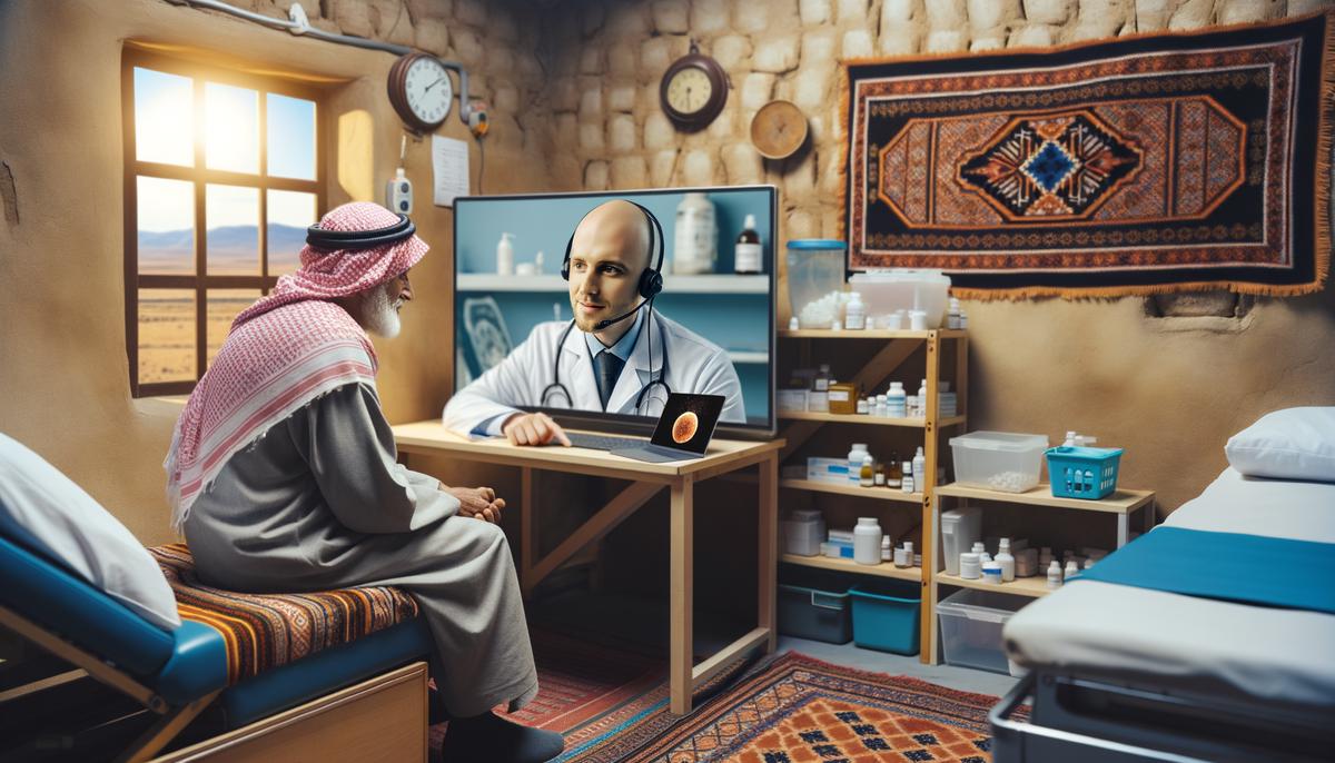 A patient in a rural setting receiving cancer care via telemedicine