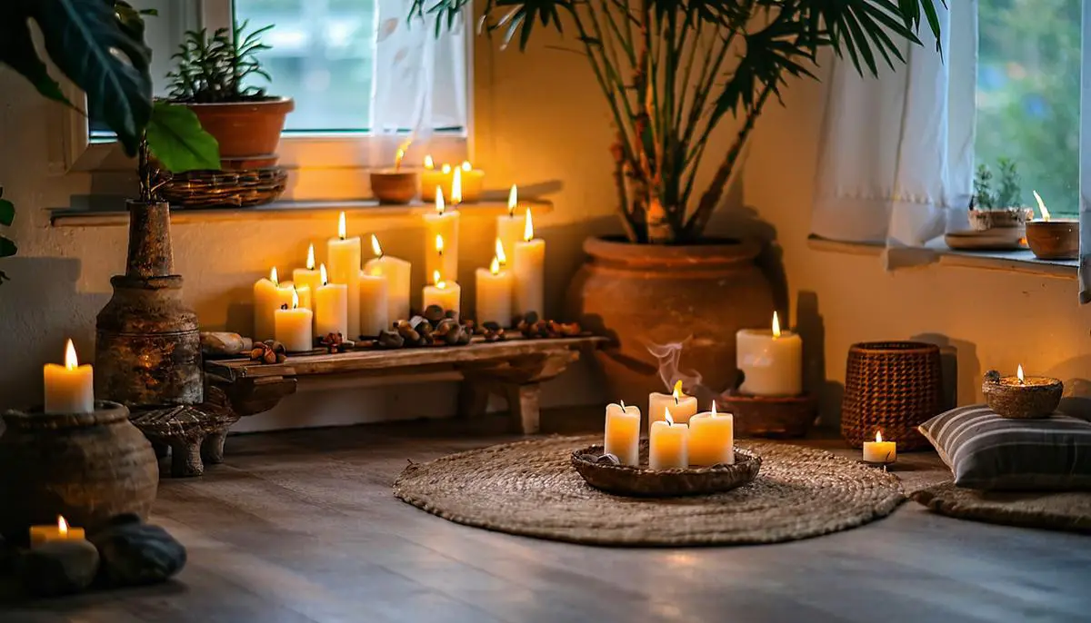 A cozy corner transformed into a sacred space with candles, incense, and soft lighting