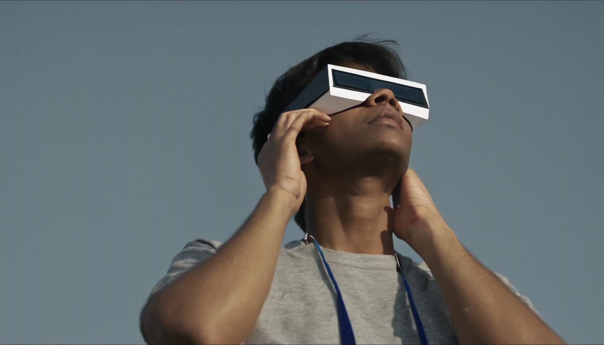 A person wearing protective solar eclipse glasses while looking up at the sky