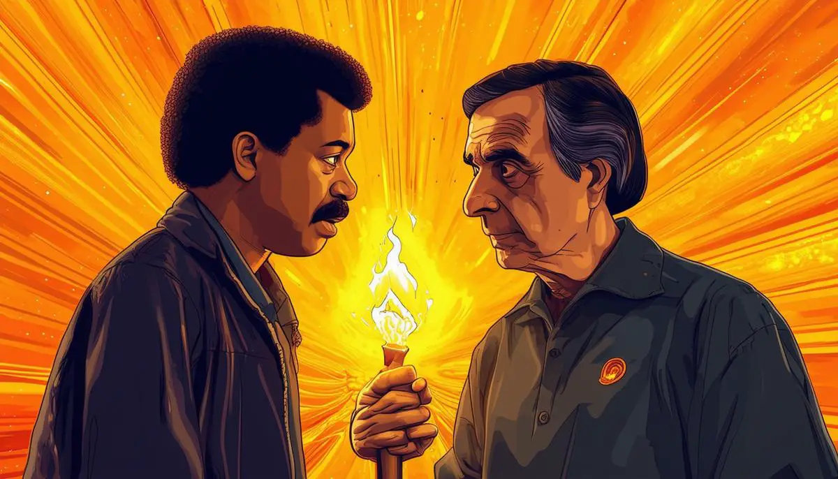 A young Neil deGrasse Tyson meets his mentor Carl Sagan, symbolizing the passing of the cosmic torch between generations