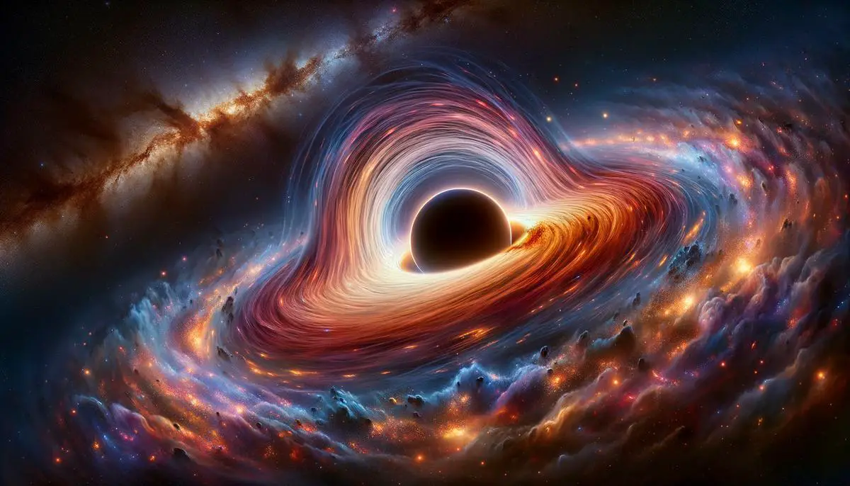 An artistic representation of Sagittarius A*, the supermassive black hole at the center of the Milky Way, showing variable flares and energy emissions