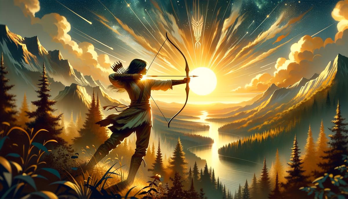 A Sagittarius archer aiming at a distant horizon filled with exciting possibilities