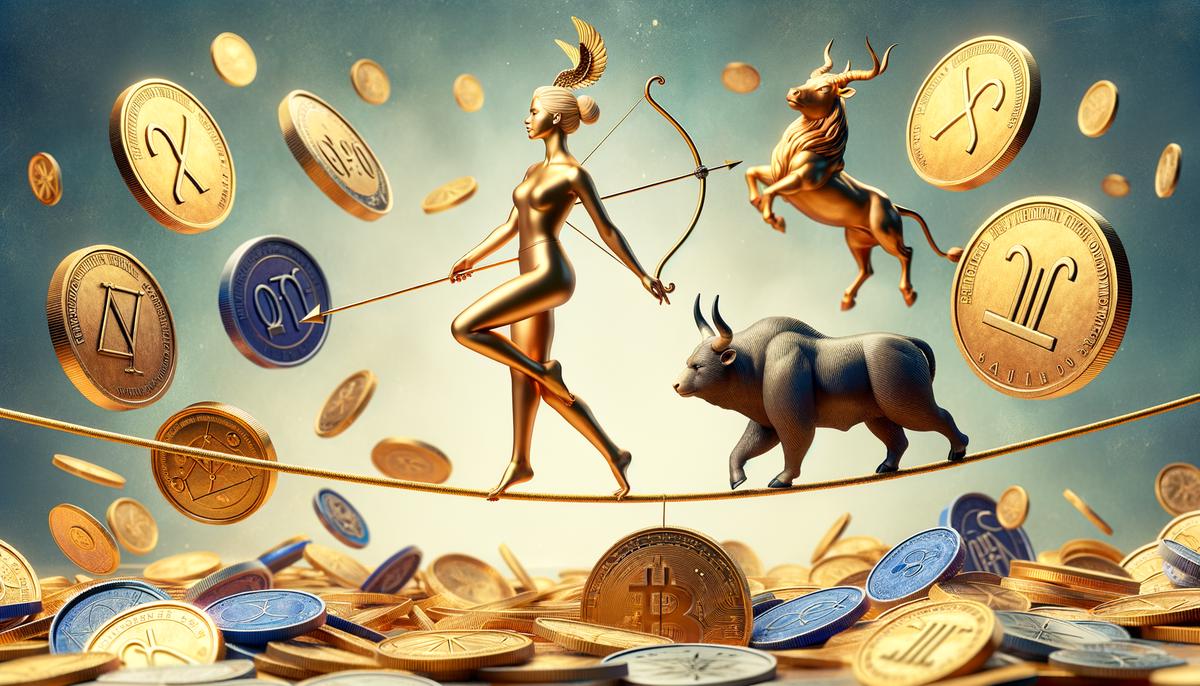 A Sagittarius balancing on a tightrope between coins and investment symbols