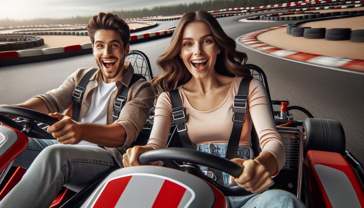 An excited couple racing go-karts on a twisting track
