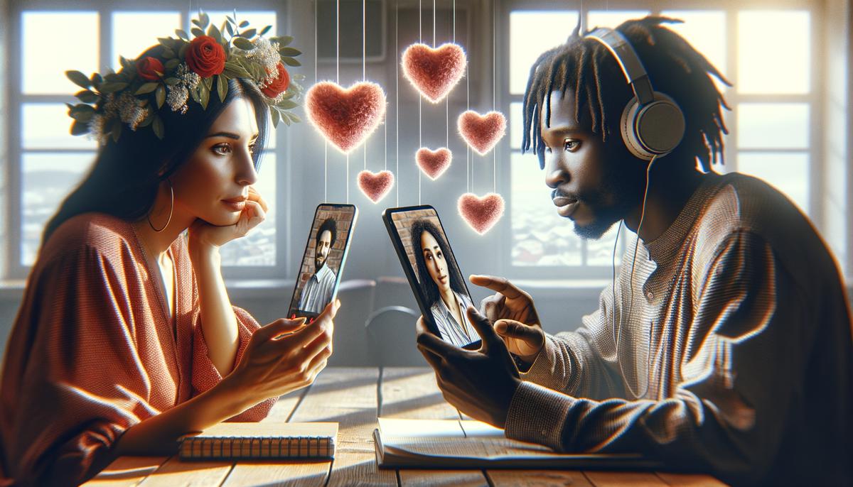 A Sagittarius couple connecting through a video call, surrounded by hearts