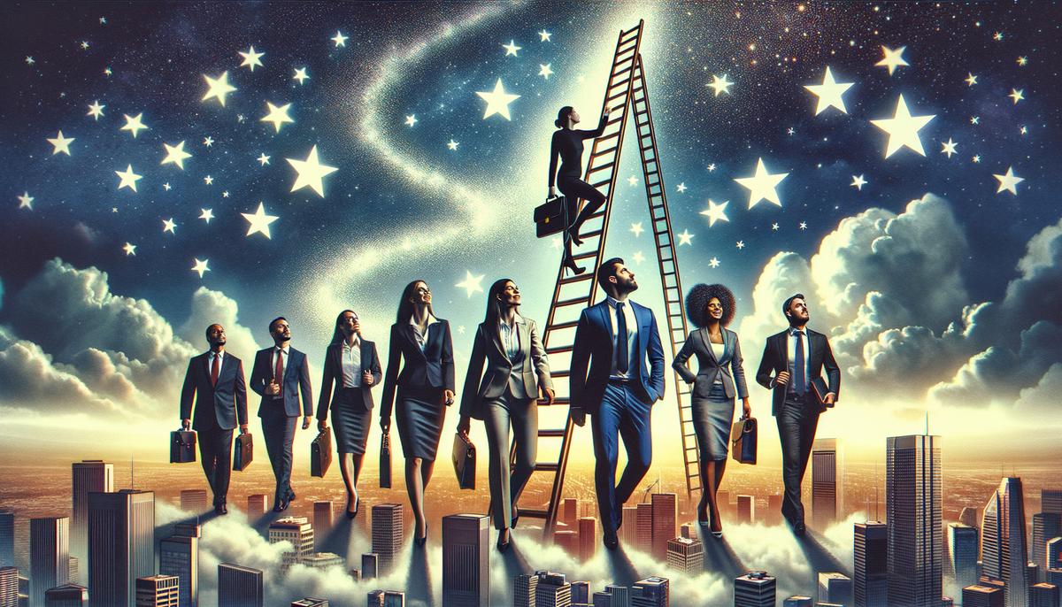 A confident Sagittarius professional climbing a career ladder reaching for the stars