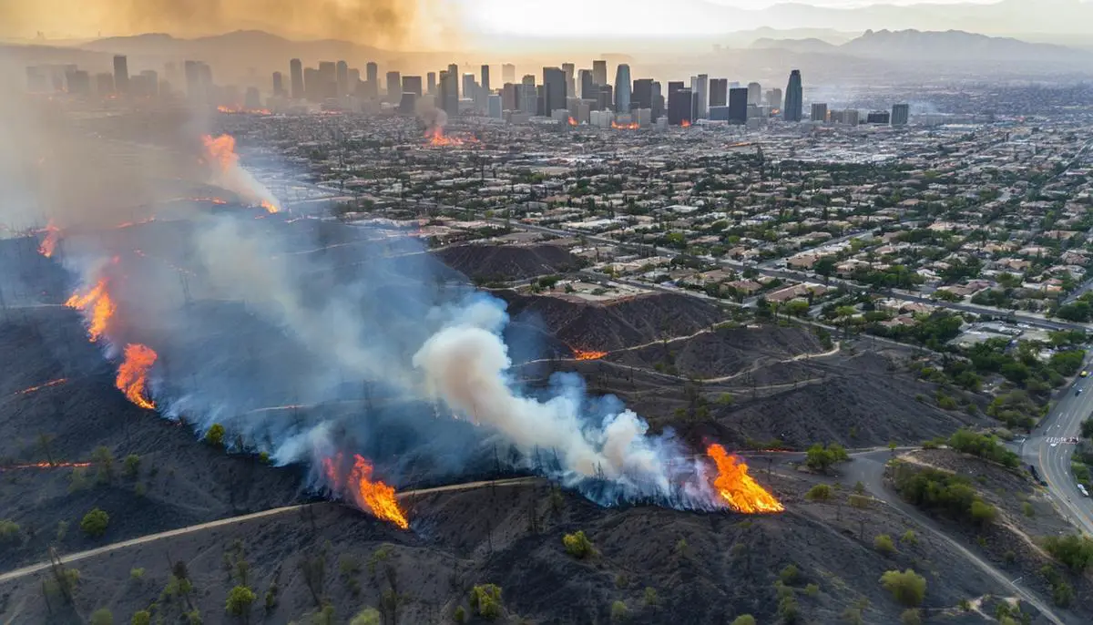 Aerial view of Santa Ana winds spreading wildfires across Los Angeles landscape