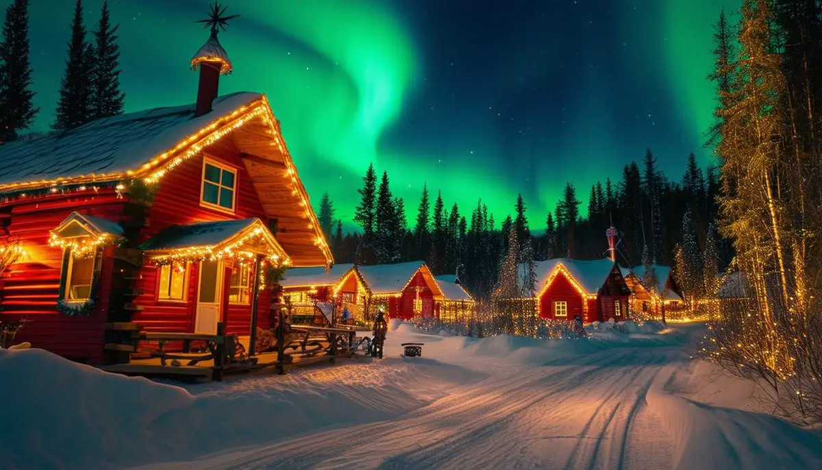 Santa Claus Village in Rovaniemi, Finland, with the northern lights overhead