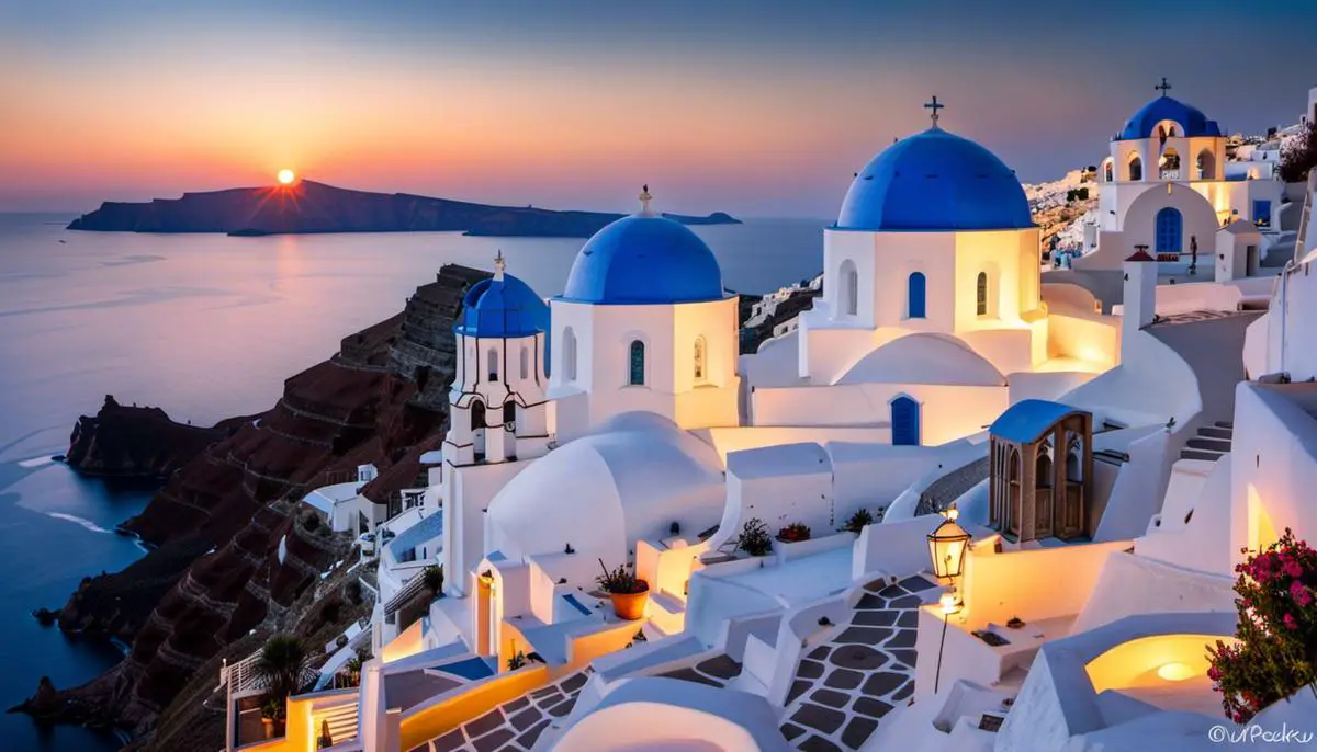 A stunning sun and moon set over Santorini in Greece, with white-washed buildings and blue-domed churches.