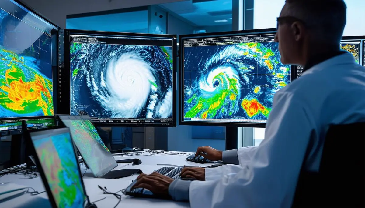 Scientists analyzing integrated satellite and radar data on large screens, showing a severe storm system